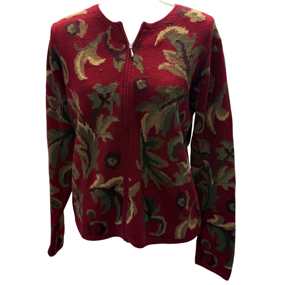 Vintage 90s Talbots Leaf Fall Print Full Zip Cardigan Knit Sweater Womens Medium